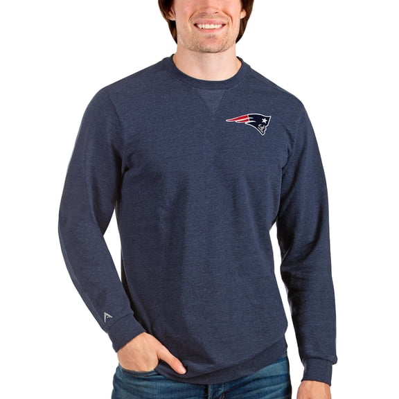 Men's Antigua Heathered Navy New England Patriots Reward Crewneck Pullover Sweatshirt