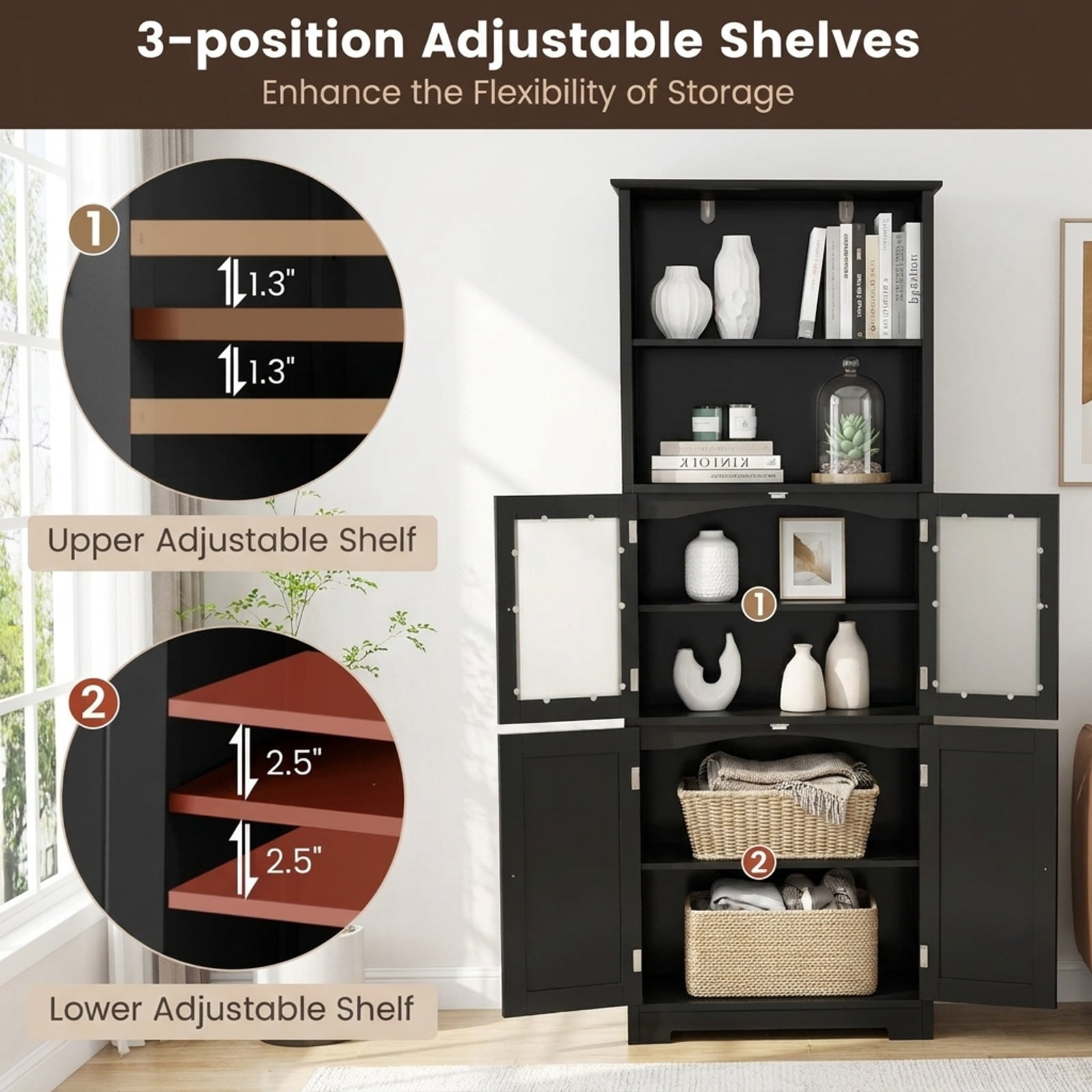 Vebreda Freestanding Bathroom Storage Cabinet, 6-Tier Freestanding Bathroom Cabinet with 2 Open Compartments and Adjustable Shelves