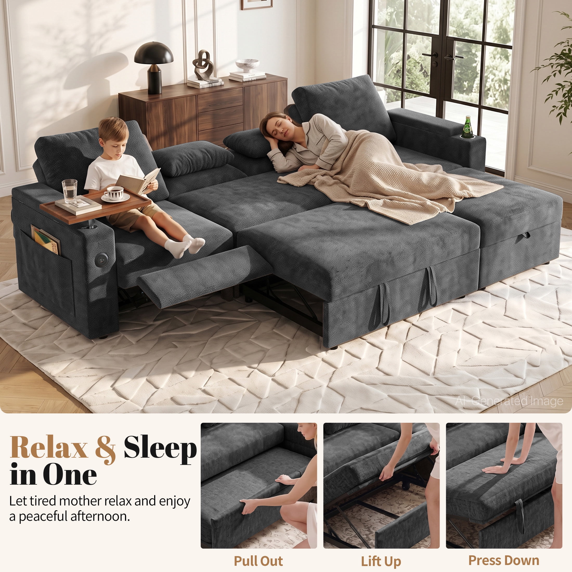 Aenkyo 108" L-Shaped Sectional Sleeper Sofa with Pull Out Bed, Recliner and Storage Chaise, Gray