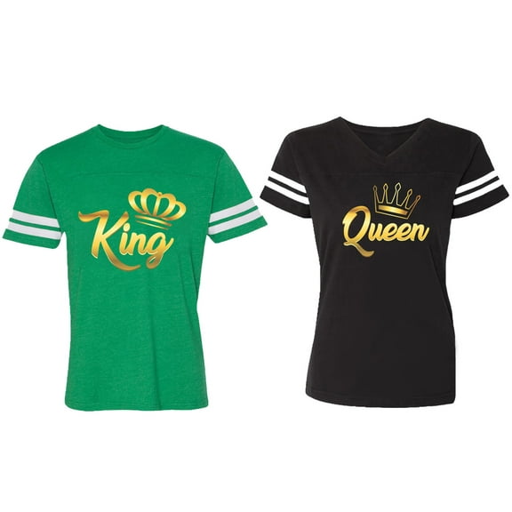 King Queen Gold Matching Couple Cotton Jerseys (Men Green / Women Black) (Men S / Women S)