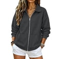 thumbnail image 2 of Full Zip Up Sweatshirt Women No Hood - Oversized Loose Casual Long Sleeve Collared Jacket 2026 Fall Winter Clothes Dark Gray S, 2 of 6