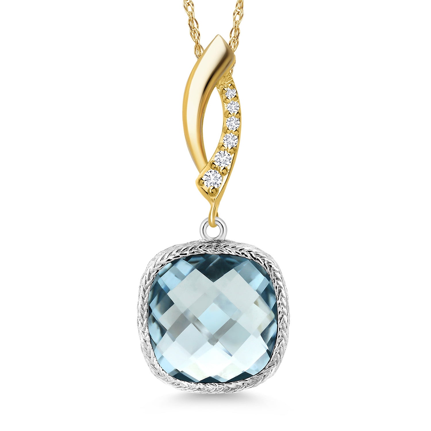 925 Silver and 10K Yellow Gold Sky Blue Simulated Aquamarine and Lab Grown Diamond Pendant Necklace for Women | 6.03 Cttw | Gemstone March Birthstone | Cushion 12MM | With 18 inch Chain