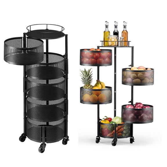 KFFKFF 5-Tier Rotating Storage Rack Cart, Wire Basket Organizer with Wheels, Large Capacity Stand with Metal Top Shelf, Ideal for Kitchen, Bathroom, or Nursery, Black