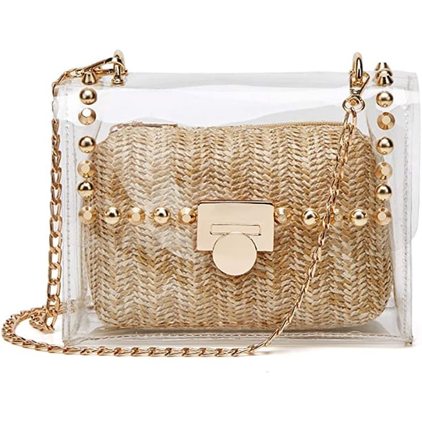Conjunto de bolso transparente 2 en 1, conjunto de bandolera transparente, correa de cadena con remaches a la moda, bolsos de mano de PVC para mujer, bolso de hombro TUNC Sencillez