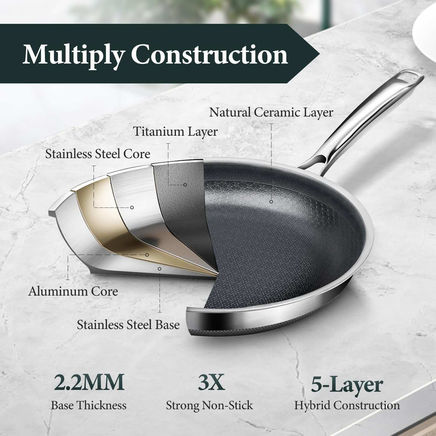 Non Stick 10-Inch  Hybrid Frying Pan with Lid, Professional Cookware for All Stovetops
