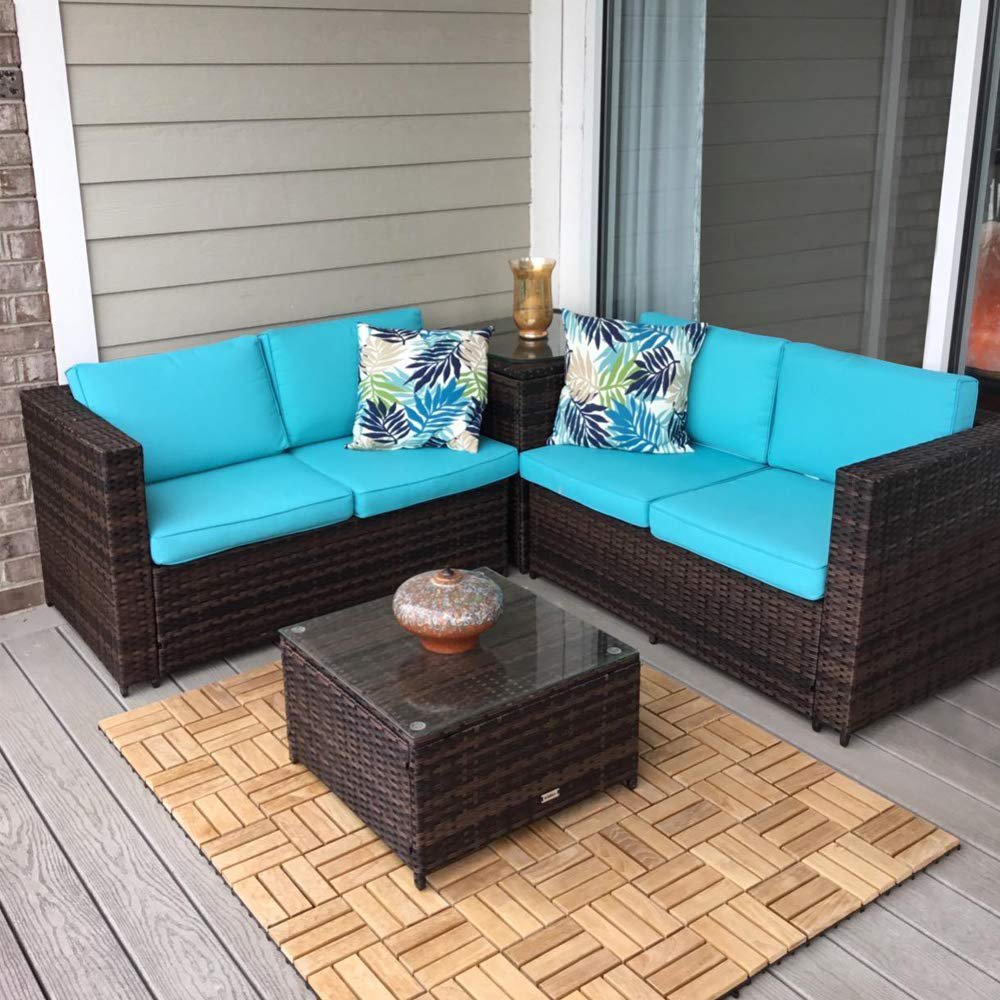 Kinbor 4Pcs Outdoor Rattan Wicker Patio Sofas Blue Cushion Seat Set