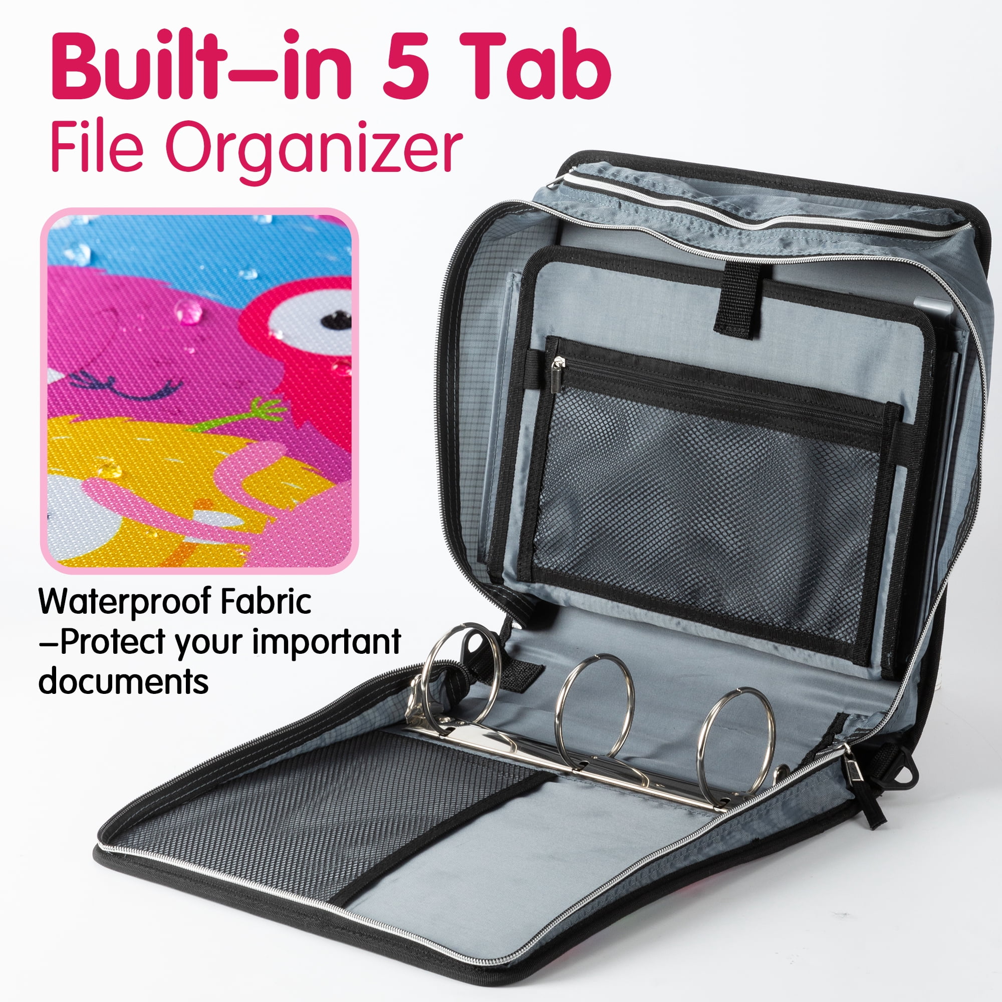 Deli Zipper Binder 3 inch 3 Ring 700 Sheet Capacity Multi-Pocket Waterproof Binder with 5-Color tabbes, Shoulder Strap and Handle，Assorted Color