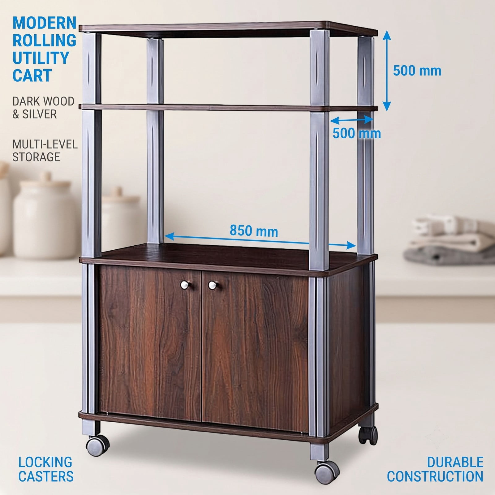 RUIE 3-Tier Microwave Stand with 2-Door Cabinet, Rolling Kitchen Storage Cart for Dining Room, Walnut