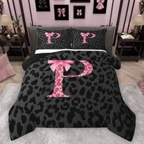 Homewish Cheetah Print Letter Full Size Comforter Sets, Pink Bowknot Monogrammed P Bedding Comforter Set, Modern Fashion Style Reversible Bedding Sets, Luxury Bedroom Decor, 3-Piece