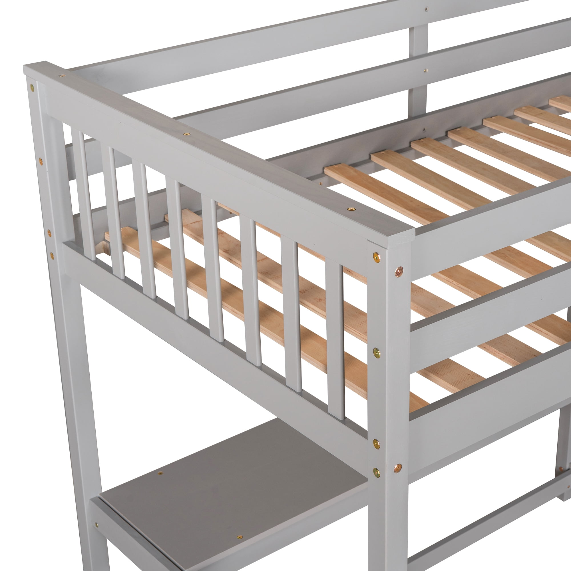 Yoneston Twin Size Loft Bed with Storage Shelves, Wooden Twin Loft Bed Frame with Under-bed Desk for Boys Girls Teens Bedroom, Gray