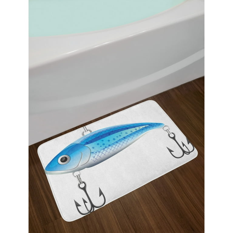 Fishing Theme Bath Mat, Angling Elements with Artificial Fish Bait
