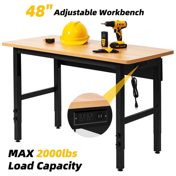spanspace 48" Adjustable Workbench, 48" L X 24" Hardwood Top Worktable with Power Outlet & Foot Pads for Workshop, Office, Garage, Home