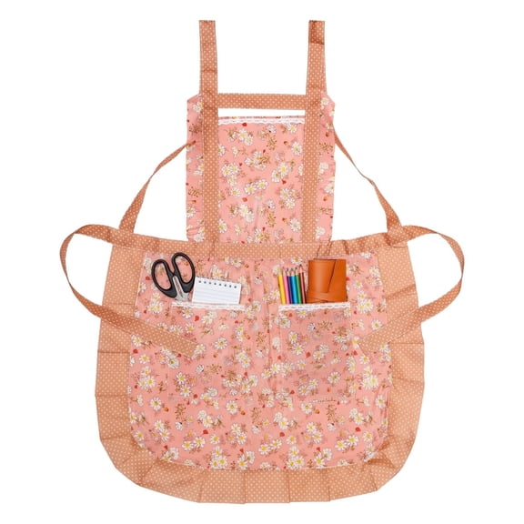 Unique Bargains Durable Floral Kitchen Apron with Pockets and Adjustable Tie Pink