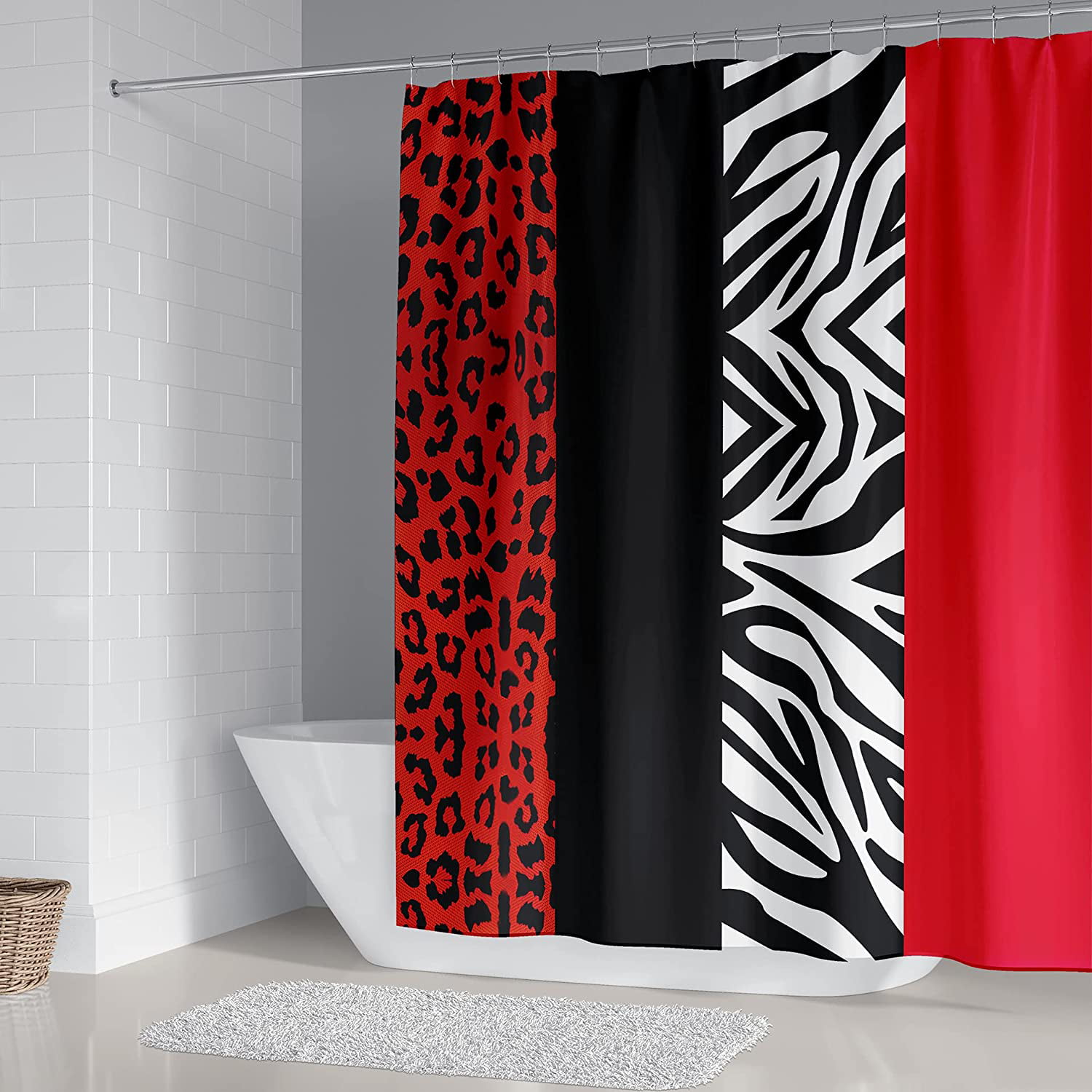 Black and White Shower Curtain Fabric Bathroom Set with Hooks 4 Sizes Available 