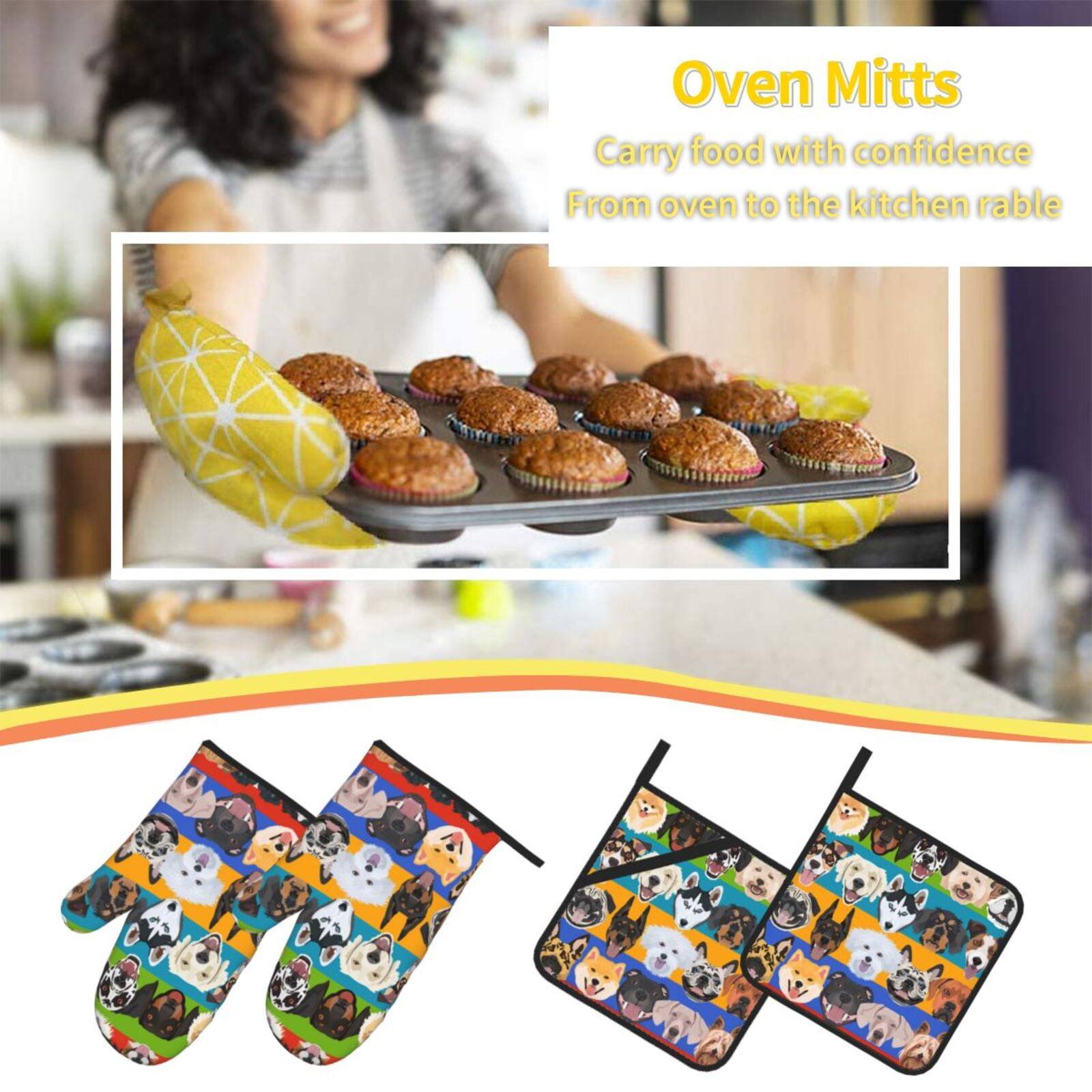 Colorful Dog Dogs Pattern 4Pcs Oven Mitts and Pot Holders Sets Oven Kitchen Gloves Hot Pads for Cooking BBQ Baking Grilling