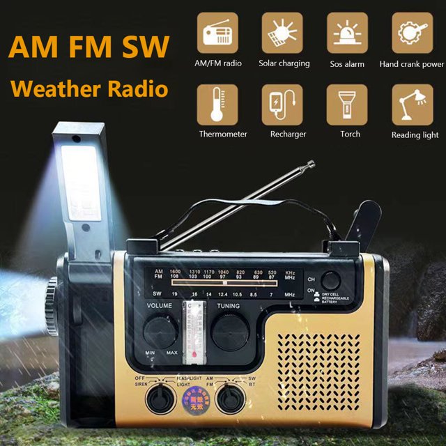 Radio solar JShteea AM FM SW Cargador Alarma SOS Bluetooth Linterna LED Carga USB termómetro