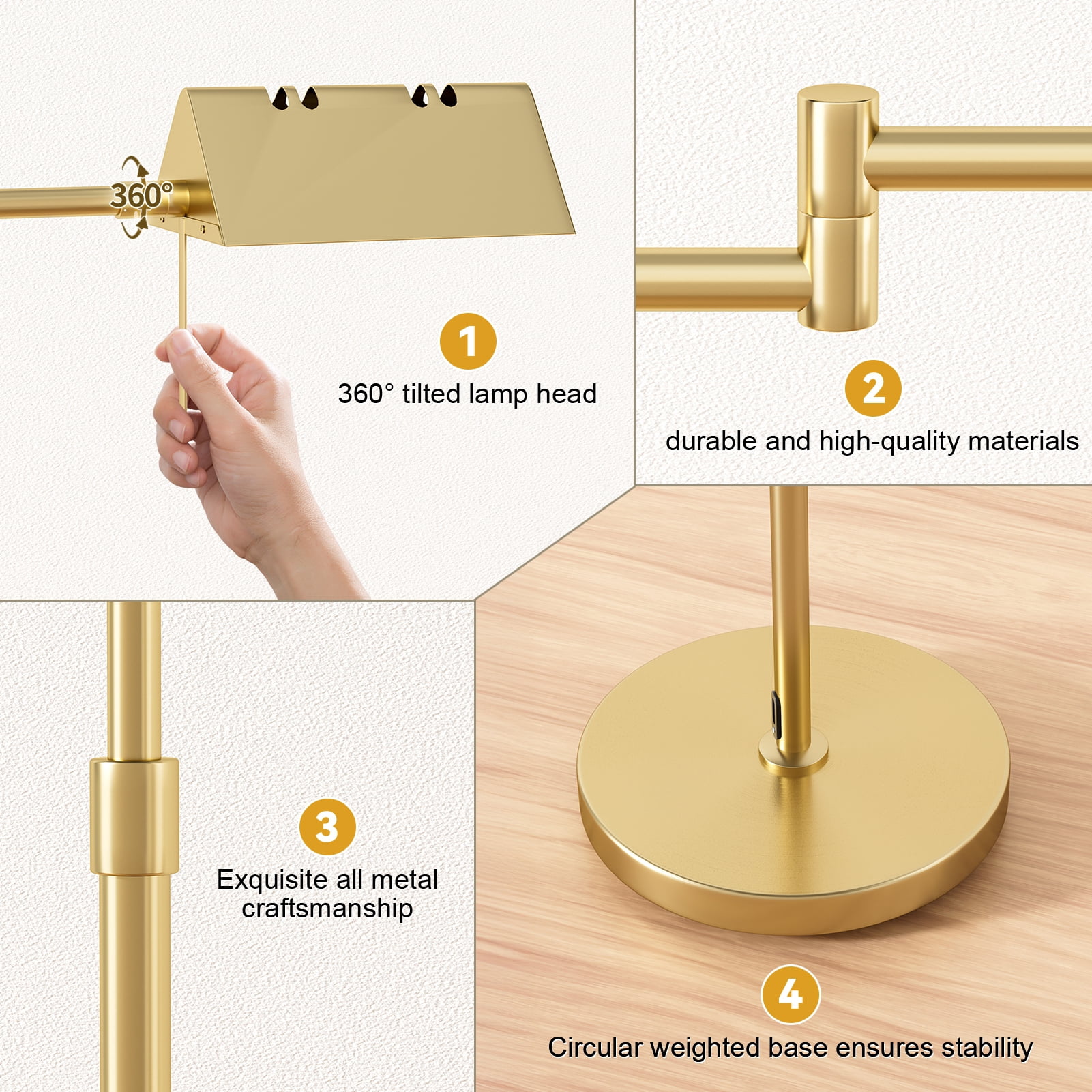 Modern Gold Floor Lamp with 360° Swing Arm, Dimmable LED Standing Lamp for Living Room, 3 Color Temperatures, Adjustable Height 47-55", All-Metal Design