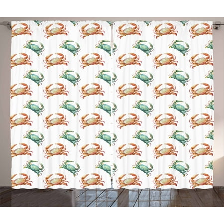 Coastal Style Living Room Ideas Crabs Curtains 2 Panels Set, Pattern with Watercolor Style Fresh Water Animals Coastal Themed Art, Window Drapes for Living Room Bedroom, 108W X 108L Inches, Pale Orange Turquoise White, by Ambesonne ()