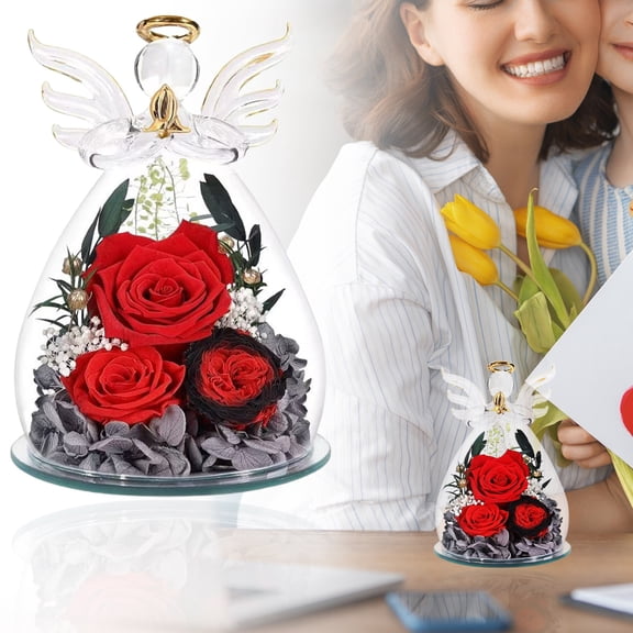 Preserved Rose in Glass Angel Figurine Eternal Rose Forever Flowers Gifts for Mom Mothers Day Birthday Christmas Anniversary Presents for Grandma Wife Sister Daughter Friends Women