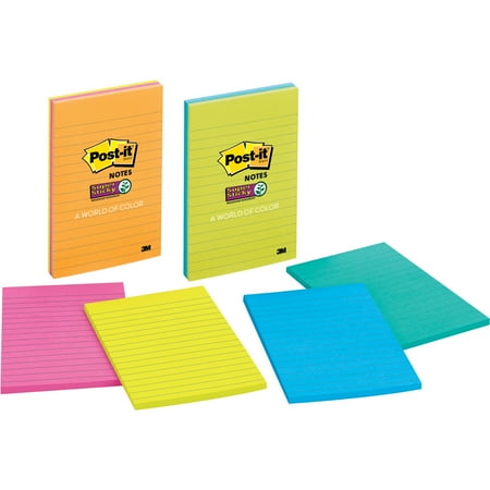 Post-it Super Sticky Notes, Lined, 4 in x 6 in, Bora Bora and Rio de Janeiro Color Collections, 3-Pack