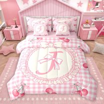 Manfei Cute Initial J Letter Twin Bedding Sets 7-Piece for Kid, Dreamy Pink Buffalo Plaid Bedding Comforter Set, Fairy Tale Princess Reversible Sheet Sets, Super Cozy Room Decor