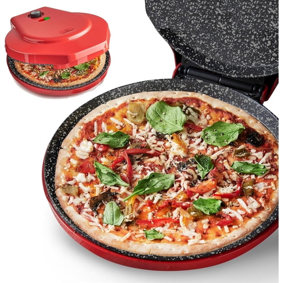 MisterChef Pizzero de Encimera, Mini Horno para Pizza de 1450 W, Horno para Pizzero con Placa de Cerámica Antiadherente de 12 ″, Horno de Pizza Eléctrico Interior para Crepes, Panqueques - Rojo