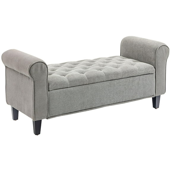 Bedroom Benches HOMCOM 50" Storage Ottoman Bench, Upholstered End of Bed Bench with Rolled Arms, Wood Legs, Button Tufted Storage Bench with Safety Hinges for Living Room, Entryway, Bedroom, Gray,Woo