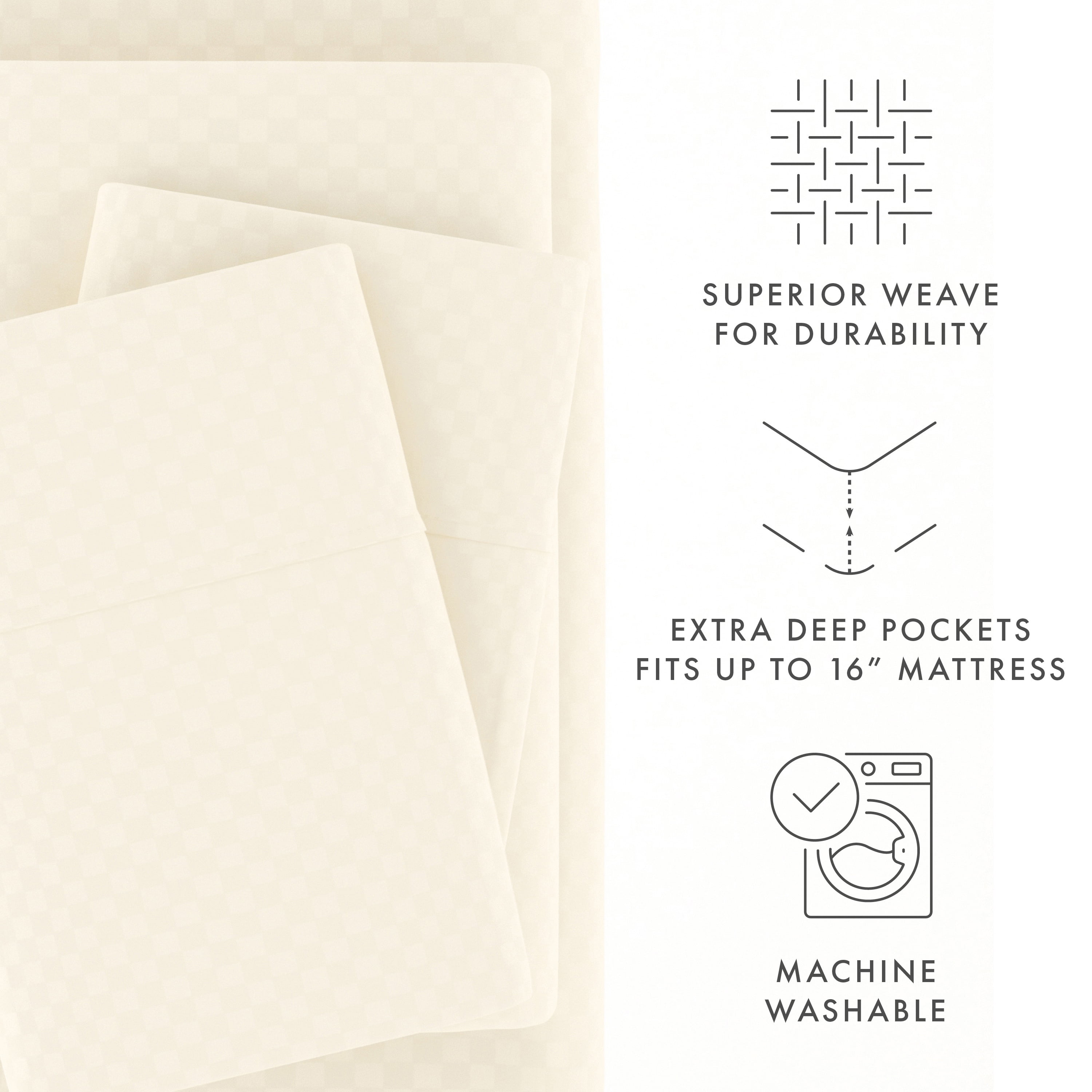 Noble Linens 4 Piece Ivory Checkered Embossed Bed Sheet Set, King
