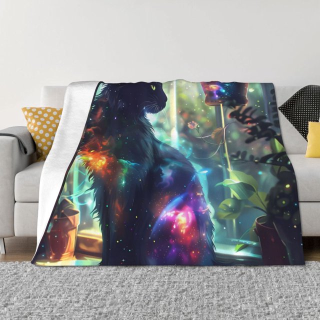 Wukai Couverture en Flanelle Horizontale Imprimée Chat Cosmique, Douce et Résistante au Rétrécissement, Adaptée pour Lits, Camping, Voyage, Unisexe-40"x30 Pouces
