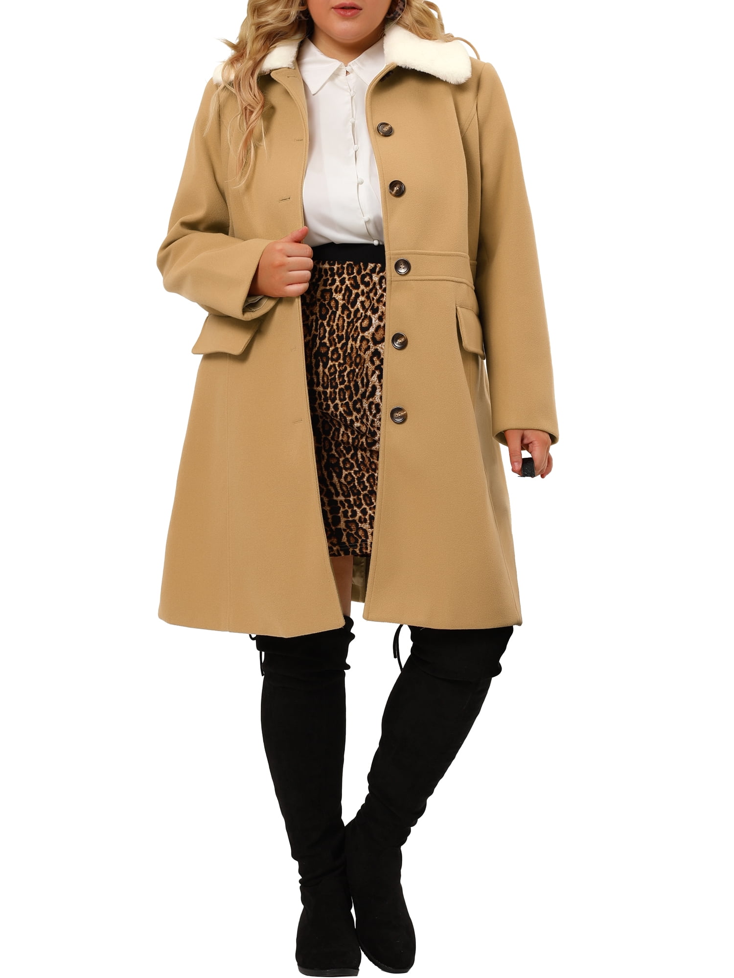 Unique Bargains Women's Plus Size Winter Peacoat Single-Breasted Coat