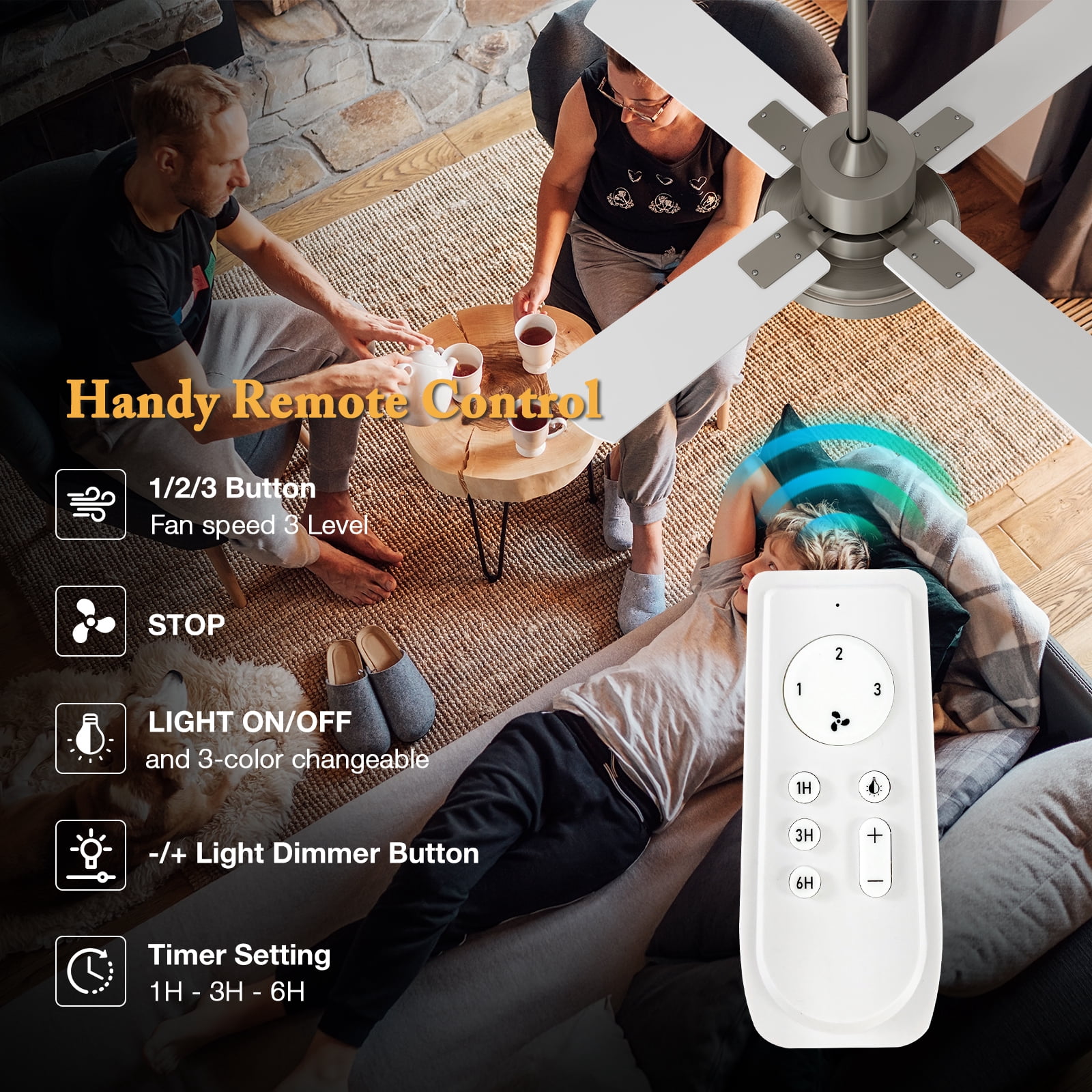 Warmiplanet 44" 4-Blade Ceiling Fan with Light and Remote, Sand Nickel Finish, 6 Speeds, 3 Color Temperatures