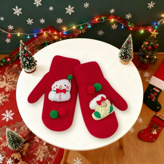 Cadancy Womens Christmas Winter Gloves Cute Snowman Knitted One Finger Warm Mittens Comfy Soft Fleece Stretchy Cold Weather Xmas Outdoor Holiday Gifts