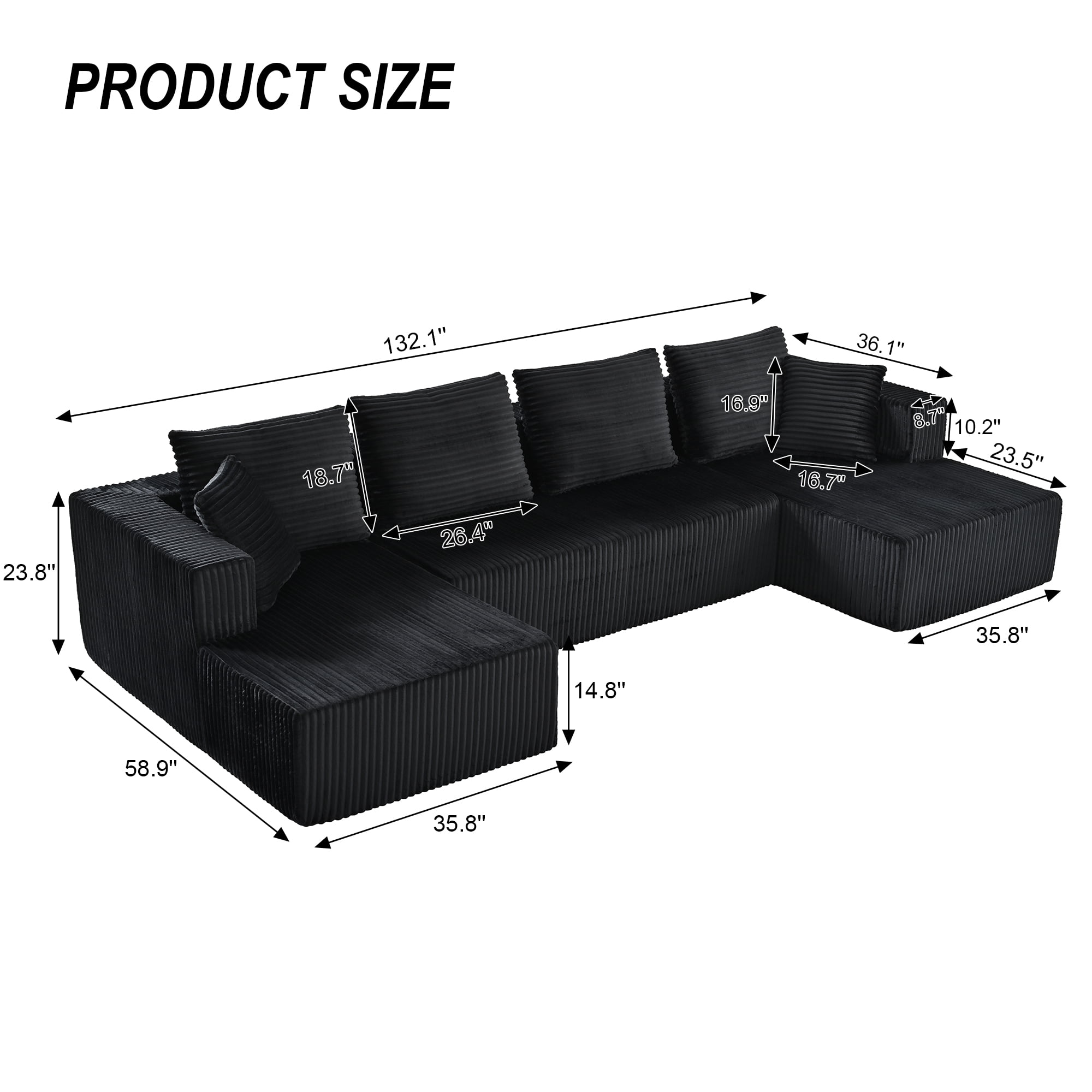 132-Inch U-Shaped Modular Sectional Sofa with Double Chaise, Corduroy Cloud Couch with Oversized Deep Seat for Living Room and Apartment, Black