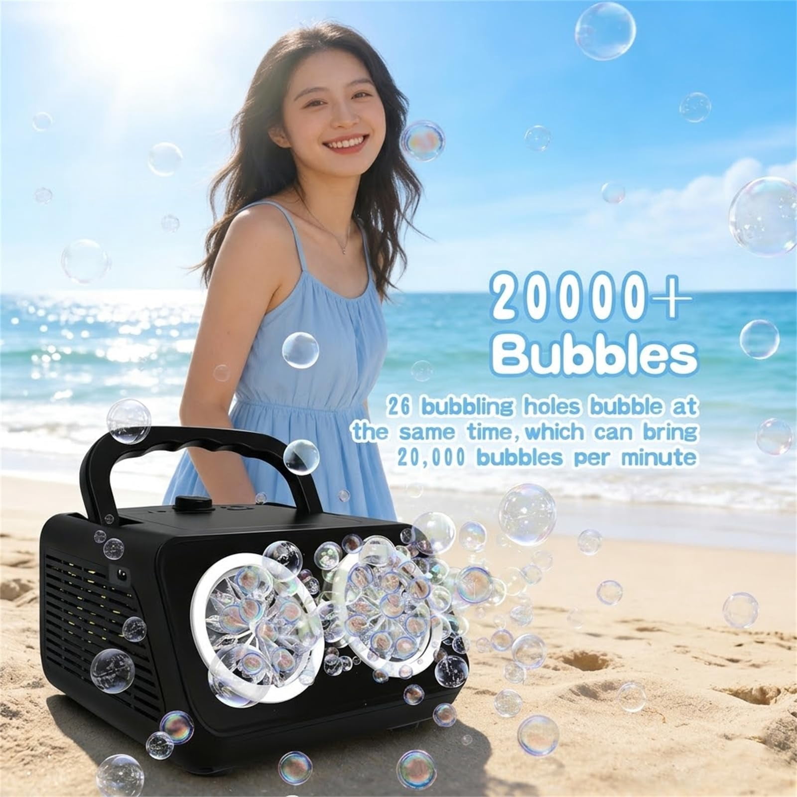 Handheld Multi-Hole Bubble Machine, Automatic Bubble Blower with Dual Fans High Output 20000 Bubbles per Minute, Portable for Outdoor Party Wedding Birthday Stage Backyard