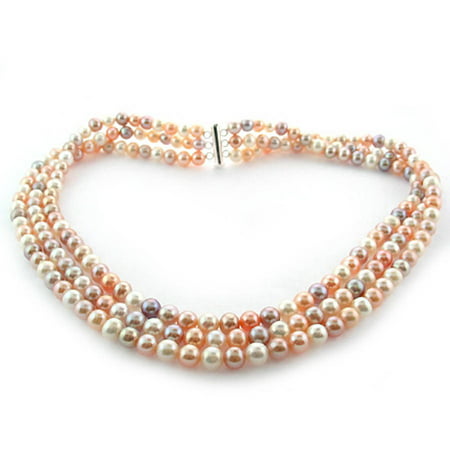 Multi-Color Freshwater Pearl Necklace for Women, Sterling Silver 3 Row 18 6.5mm x 7mm