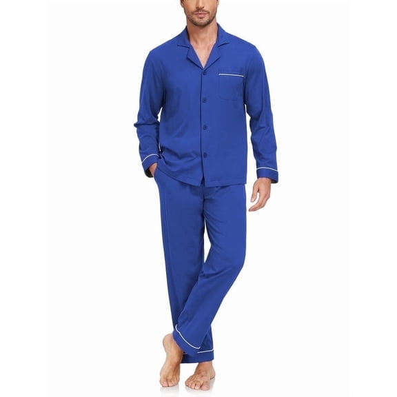 ANLIQI Men's 100% Cotton Pajamas Set Long Sleeve Button Down Soft Sleepwear with Pockets(Cobalt Blue M)