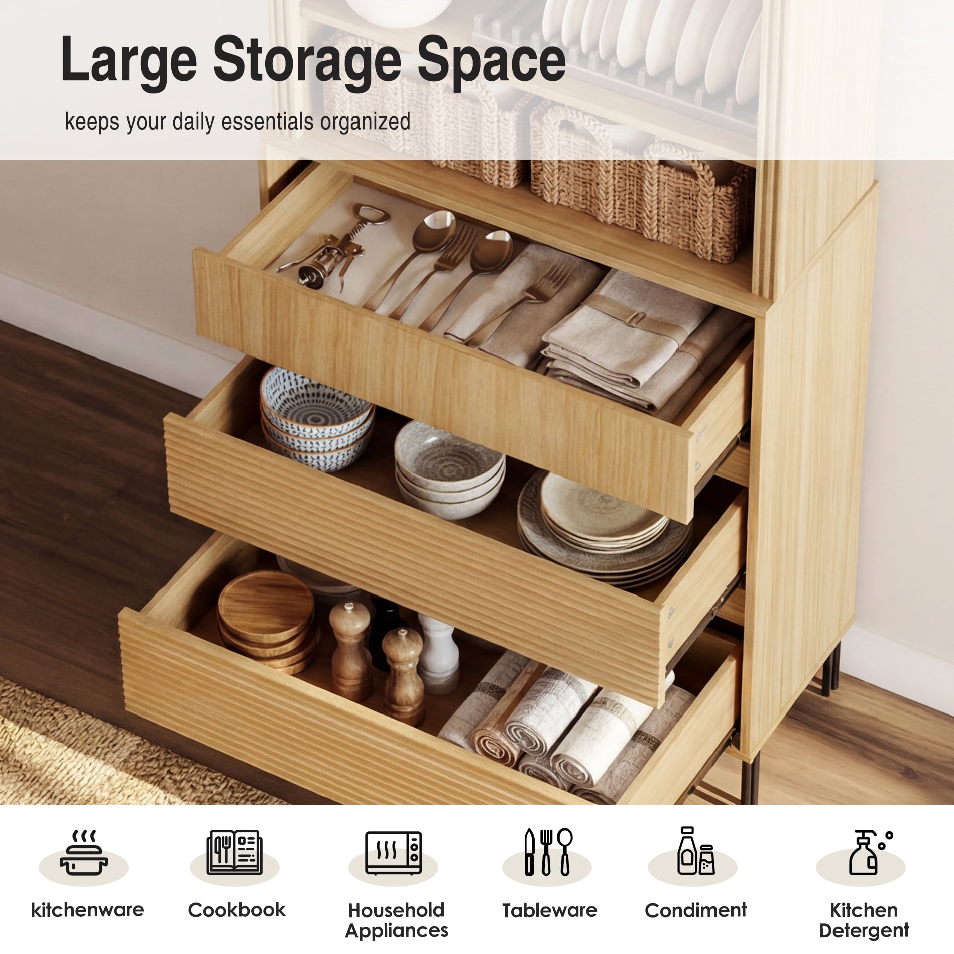 63"W Fluted Kitchen Hutch Sideboard with Adjustable Shelves, Wooden Modern Buffet Hutch Cabinet with 6 Drawers And 6 Tier Shelves
