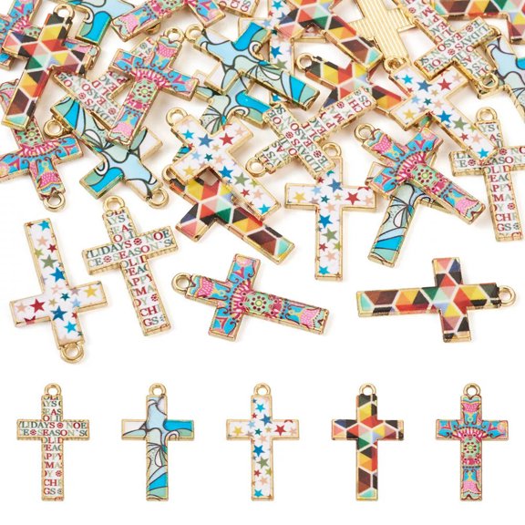 GRACEARA 30Pcs Golden Alloy Mosaic Style Pendants Cross Charms with Enamel 29x17x1.5mm