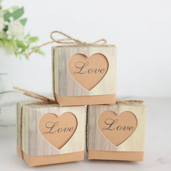 Efavormart 25 Pack | Vintage Natural Wood Paper Party Favor Candy Gift Boxes, Rustic With Burlap Jute Twine & Love Heart Cut Out - 2.5"x2.5"