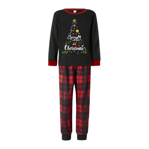 Pijamas navideños familiares a juego: camisetas de manga larga con estampado de letras y copos de nieve y pantalones a cuadros.