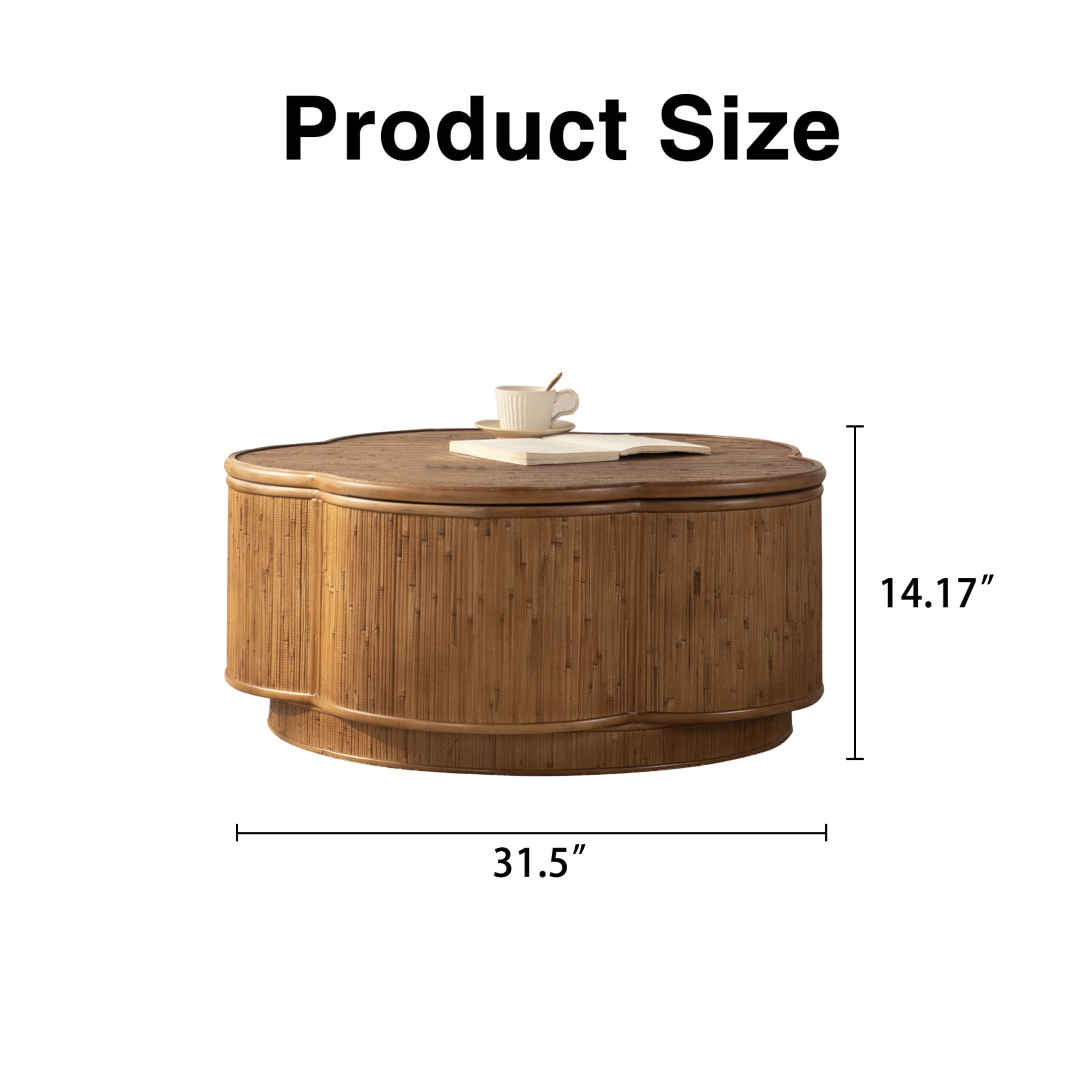 Noble House Flower Rattan Coffee Table with Lift-Off Lid Storage, Boho-Chic Petal Design, for Living Room, Natural Wood