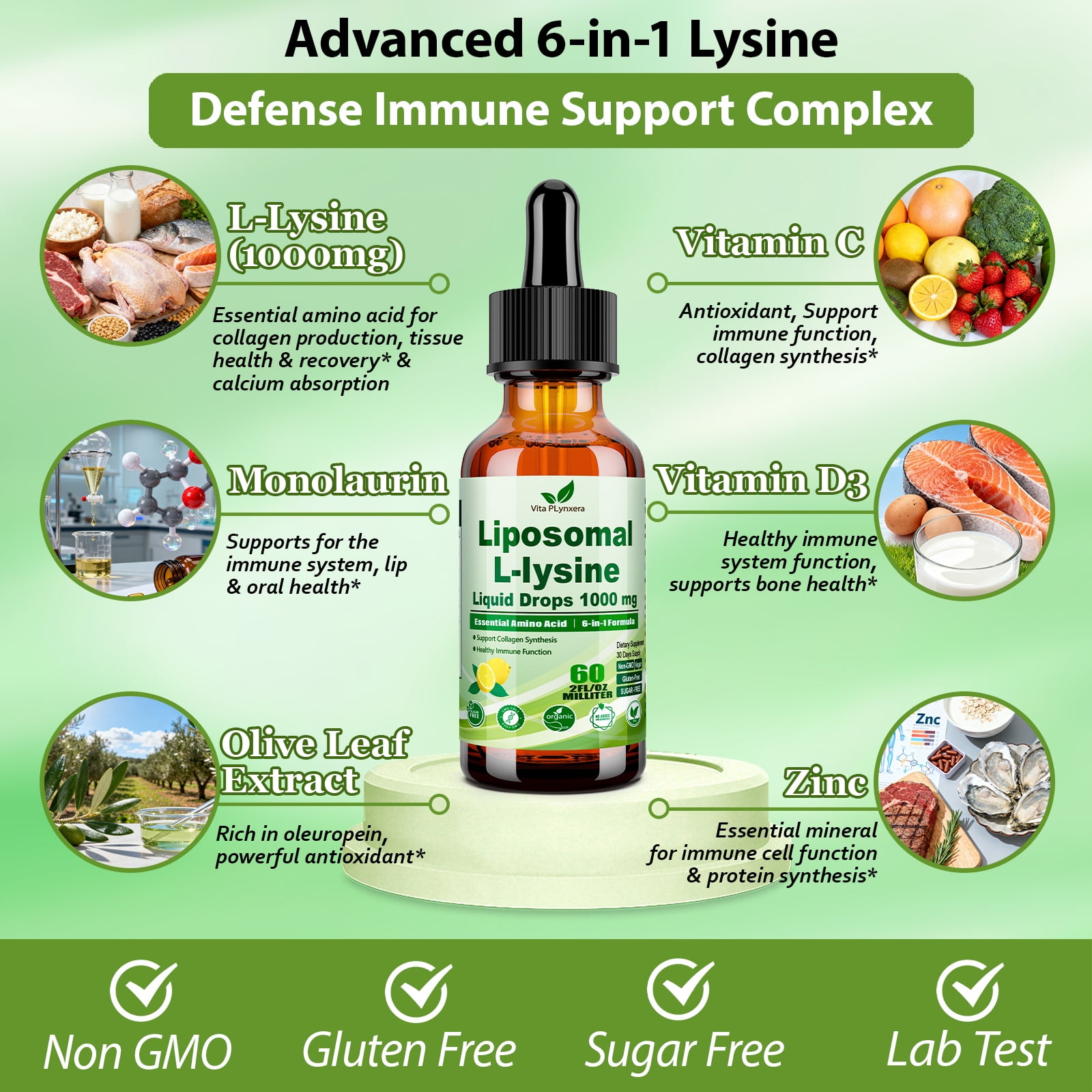 VitaPLynxera L-Lysine 1000mg Liquid Drops with Monolaurin & Immune Support Nutrients* | Essential Amino Acid for Collagen & Protein Synthesis* | Liposomal Formula with Vitamin C, D3, Zinc