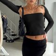 thumbnail image 3 of Conjunto de 2 piezas de top con hombros descubiertos, color liso, ajustado, con hombros descubiertos, camiseta sin mangas de manga larga para mujer, color negro M, 3 of 12