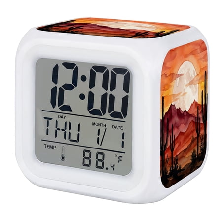 Cactus Digital Alarm Clock for Bedrooms, Smart LED Alarm Clock with 7 Color Changing Night Light, Summer Sunset Orange Red Mountain Silent Wake Up Clocks for Sleep Study Cooking 3.2"x3.2"