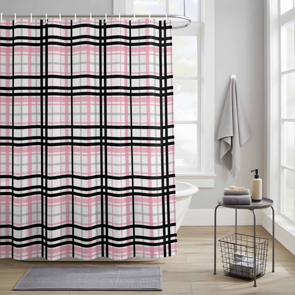 Bathroom Shower Curtain Modern Geometric Buffalo Plaid Waterproof Shower Curtains with Hooks, Black Pink Line Lattice Bath Curtains Bathtub Curtain Home Decor 36x72in
