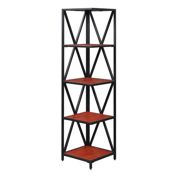 Pemberly Row Black Metal Five-Tier Corner Bookcase in Cherry Wood