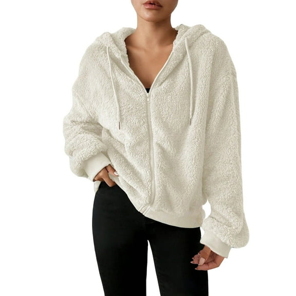 Vinsonshop Sherpa Hoodie Sherpa Jacket Women Womens Jackets Casual Hooded Jackets for Women Womens Zip Up Hoodies Outerwear for Women Hooded Fleece Jacket Women Beige L