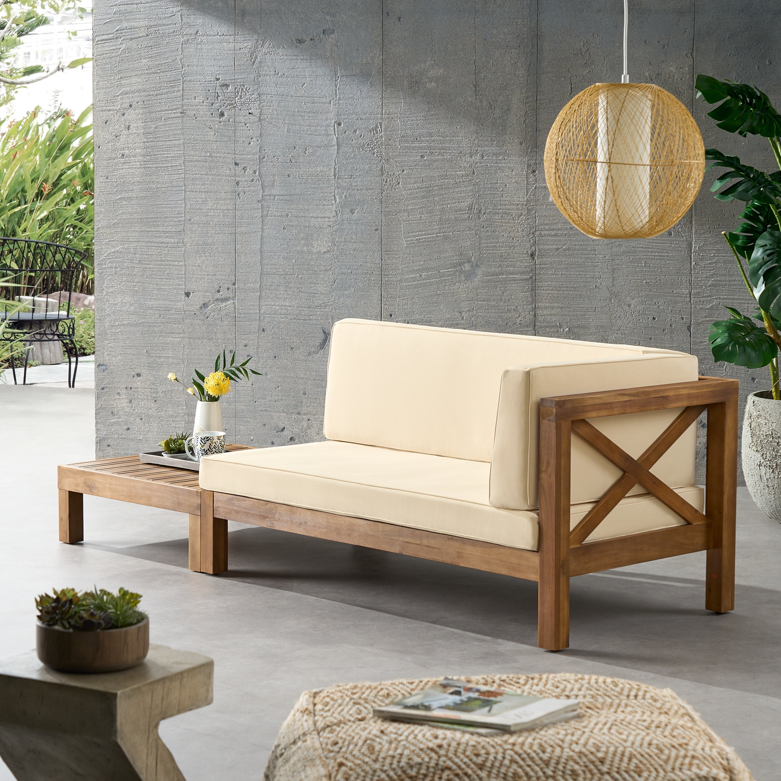 Elisha Acacia Wood Outdoor Right Arm Loveseat and Coffee Table Set with Cushion, Teak and Beige