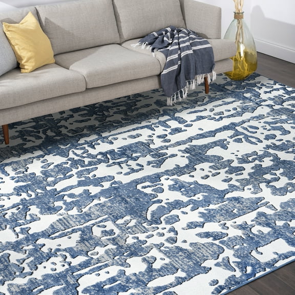 Contemporary 5x8 Area Rug (5'3'' x 7'3'') Abstract Blue, White Living Room Easy to Clean