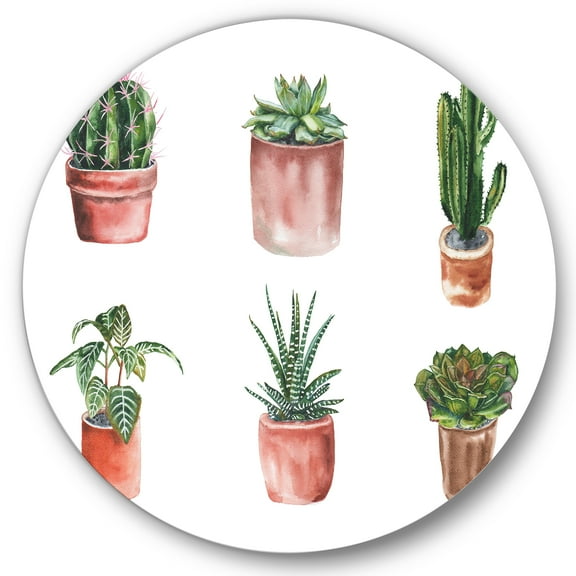 Designart 'Cactus and Succulents In A Clay Pot ' Traditional Circle Metal Wall Art 36x36 - Disc of 36